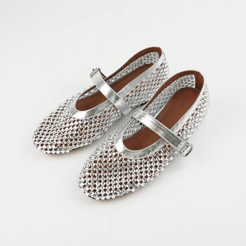 2024 New Flats Ballet Shoes Women Rhinestone Decor Mesh Hollow Out Mary Janes Shoes Round Toe Buckle Belt Casual Sandals Females