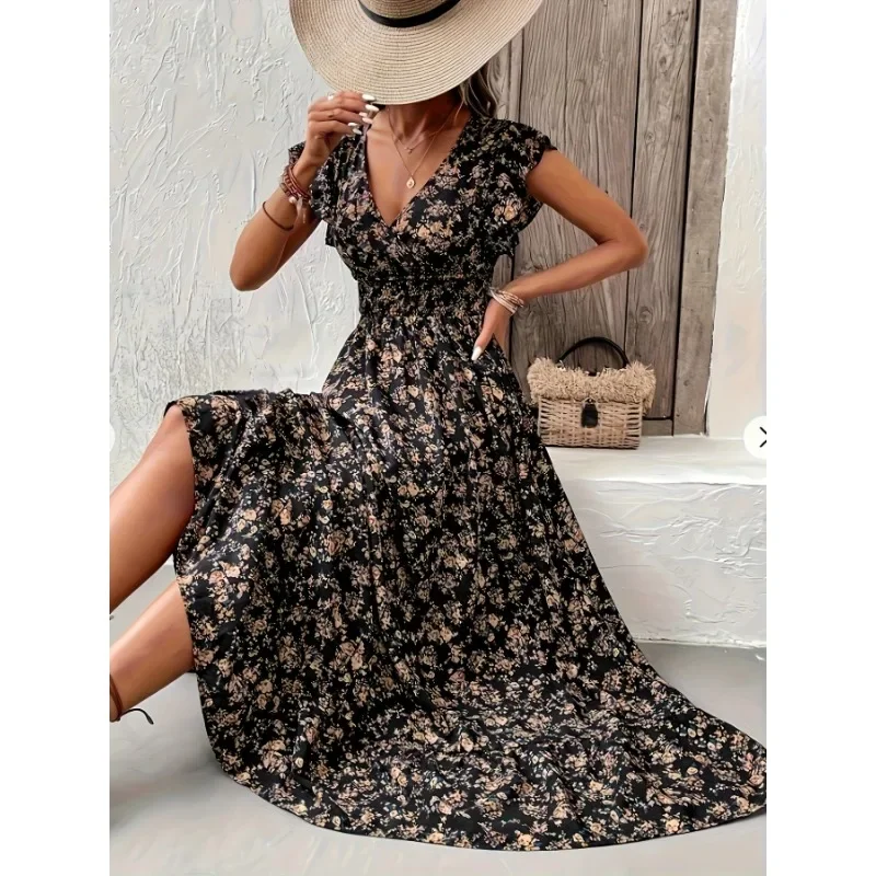 

Plus Size Summer Women's Floral Print Ruffle V-neck Dress