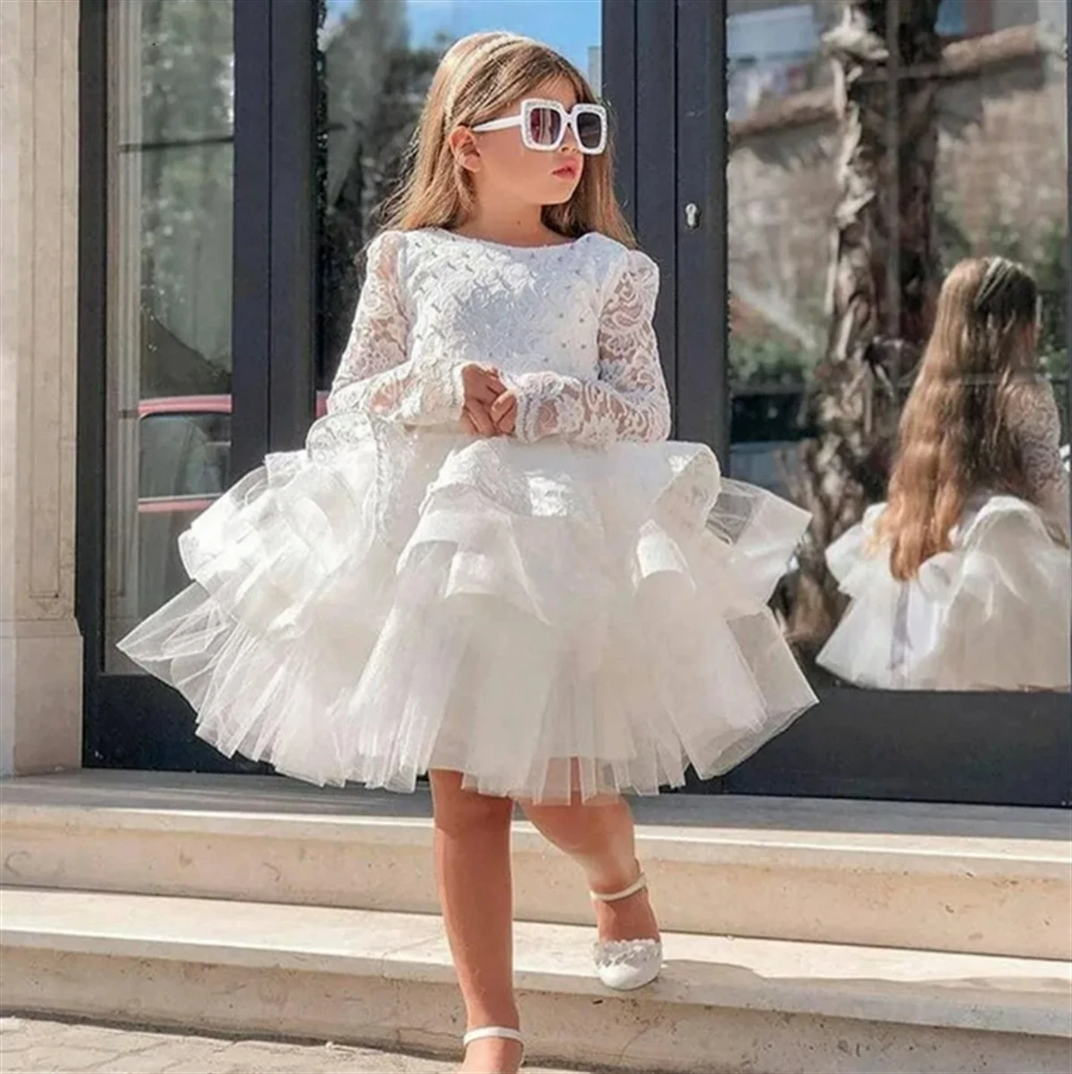 

White Layered Flower Girl Dress Tulle Puffy Lace Bow Ruffles For Wedding Communion Princess Kids Birthday Celebration Party Dres