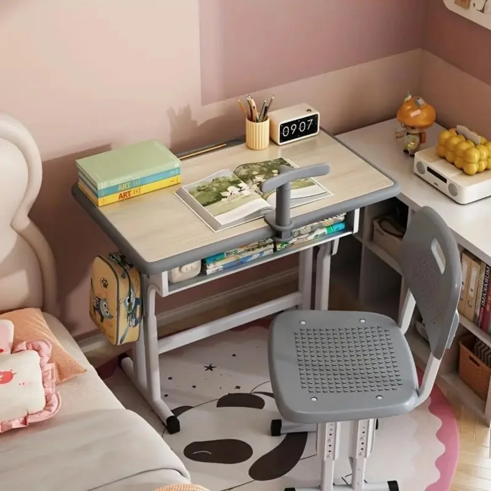 

Kid's Desk and Chair Set - Adjustable Height Children's Study Desk with Drawer, Pen Slot, Sitting Posture Corrector and Hooks,