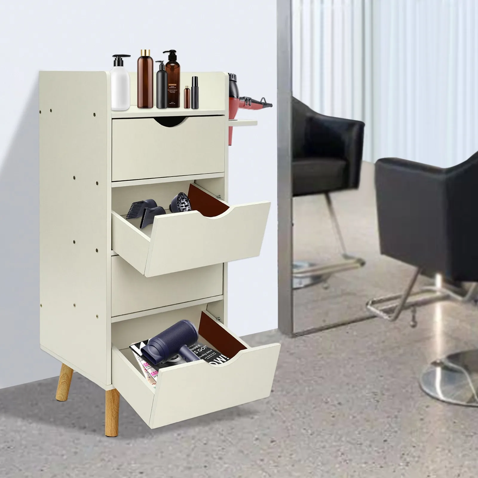 

4 Drawer White Salon Storage Cabinet For Hair Salons Beauty Shops With Hair Dryer Holders Modern Styling Station