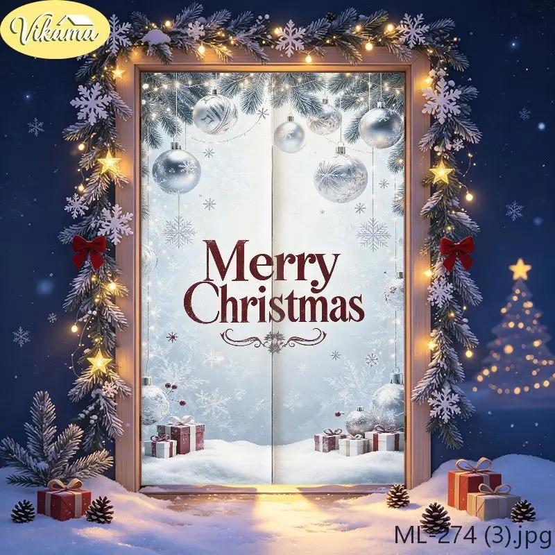 VIKAMA Christmas Red Sleigh Gift Bell Door Curtain Black Background Snowing Present Gold Sled Pine Branch Berry Holiday Linen