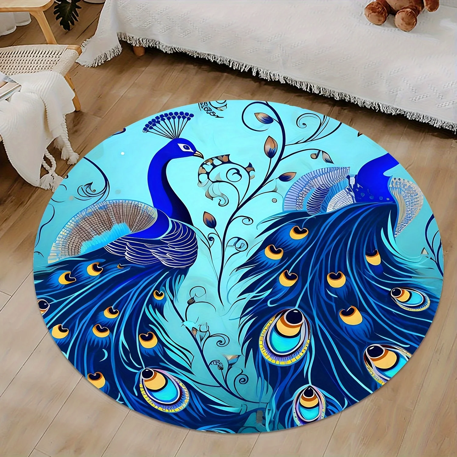 

Хрустальный бархатный коверРоскошный синий круглый коврик в виде павлина — мягкая фланель с нескользящей резиновой подложкой, только для ручной стирки, яркий Т