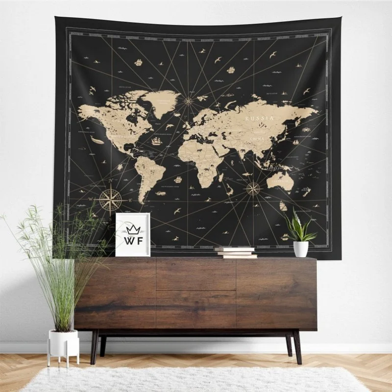 VIKAMA Tapisserie murale rétro avec carte du monde en polyester, décoration murale géographique vintage, décoration esthétique pour chambre à coucher, salon