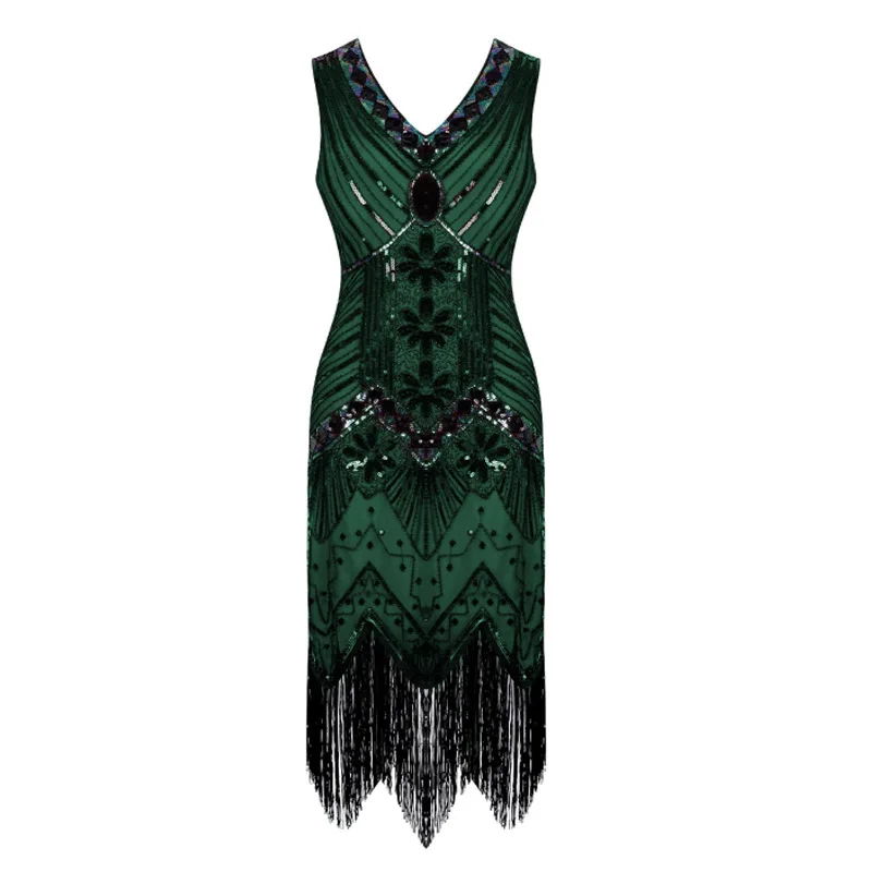 Europe and America Glamorous Sequin Beaded Fringe Dress Vintage Sleeveless V Neck Fashion Prom Evening Gown Wedding Party