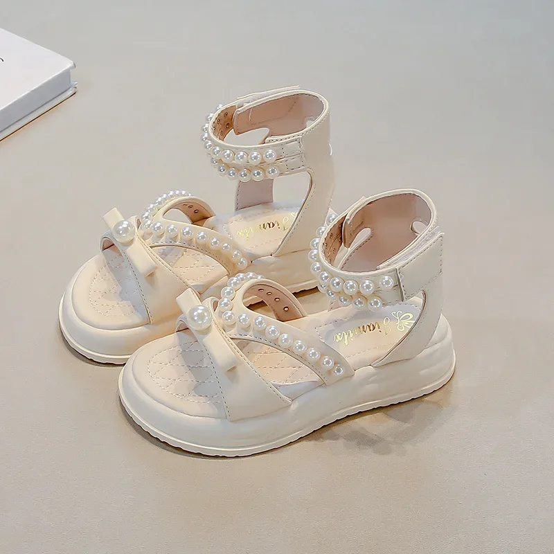Girls Princess Shoes High Top Hook&loop Kids Sandals Sweet Bows Beading 2025 Summer New Children Beach Shoes Open Toes Soft Sole