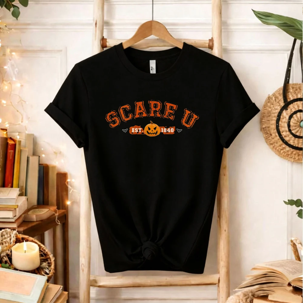 Scare U EST 1640 Graphic T‑Shirt Men Women Retro Distressed Letter Pumpkin Jack‑o‑Lantern Spooky Halloween Holiday Casual Tops