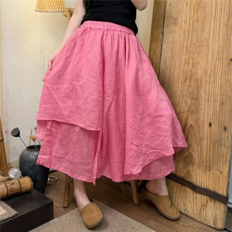 

Однотонная конопляная эластичная талия, нерегулярная юбка-миди, женские литературные свободные летние брюки, юбка из хлопка и льна, повседневная одежда