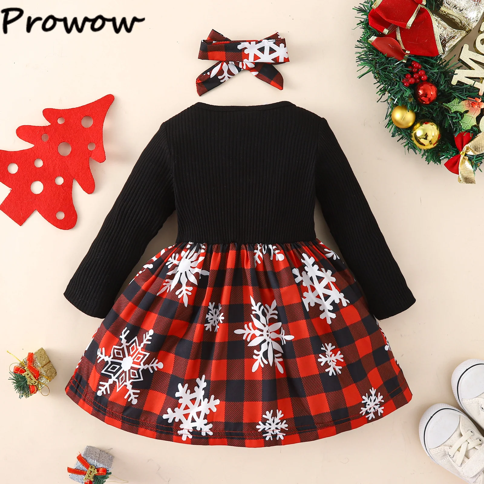 Prowow Baby Christmas Dresses 2025 Long Sleeve Big Bow Plaid Party Dress For Newborns Infants My First New Year Baby Clothes