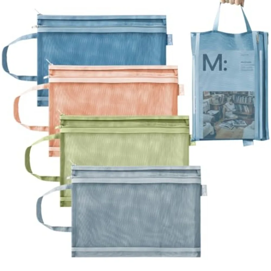 

4 Pack Mesh Zipper Pouch with Handles Nylon Document Bag Double Layer Transparent Home Office Supplies Document Pouch Storage B
