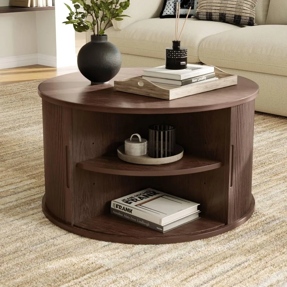 Round Coffee Table, Drum Coffee Table with Sliding Tambour Door, Fluted Accent Center Table with Storage