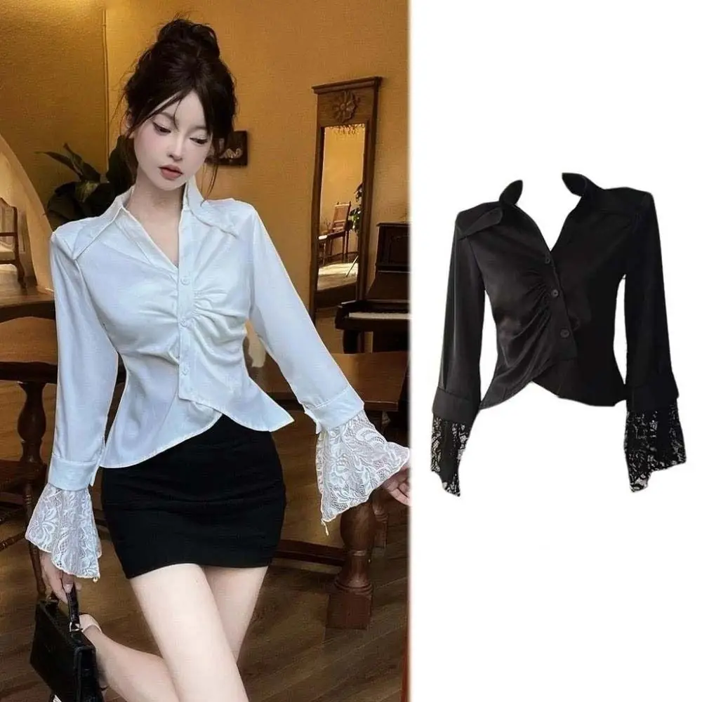

Кружевные рубашки с v-образным вырезом и длинными рукавами, кружевная одежда с рукавами, короткая облегающая блузка в корейском стиле, черно-белая на пуговицах