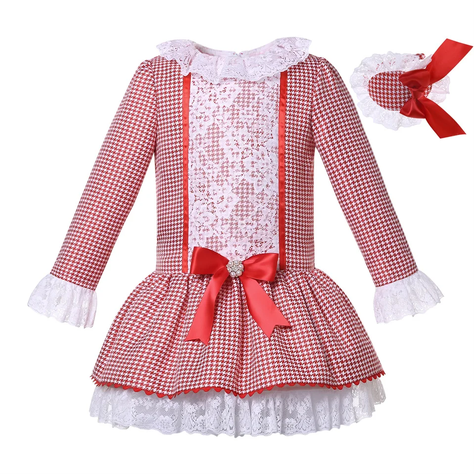 Pettigirl Delicate Fall Winter Christmas Lace Red Houndstooths Princess Girls Dresses Clothes with Hairband 2 3 4 5 6 8 10 12Y