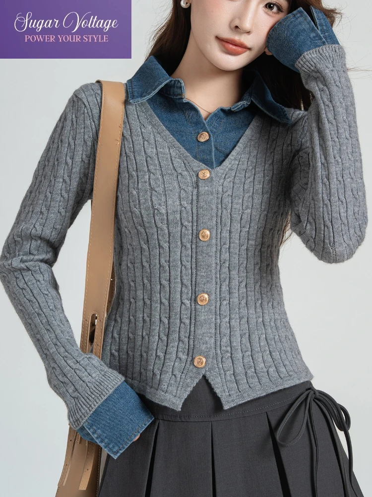 

Autumn Korean Fashion Preppy Style Fake Two Pieces Cowboy Tops Women Slim Button Lapel Knit Coats Casual Retro Elegant Cardigan