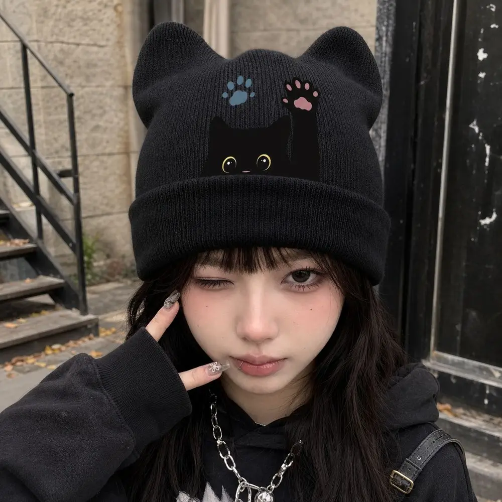 Gifts Knit Cat Ear Beanie Hat Stretchable Punk Gothic Winter Knit Hat Y2K Harajuku Pullover Hat Women and Men 5