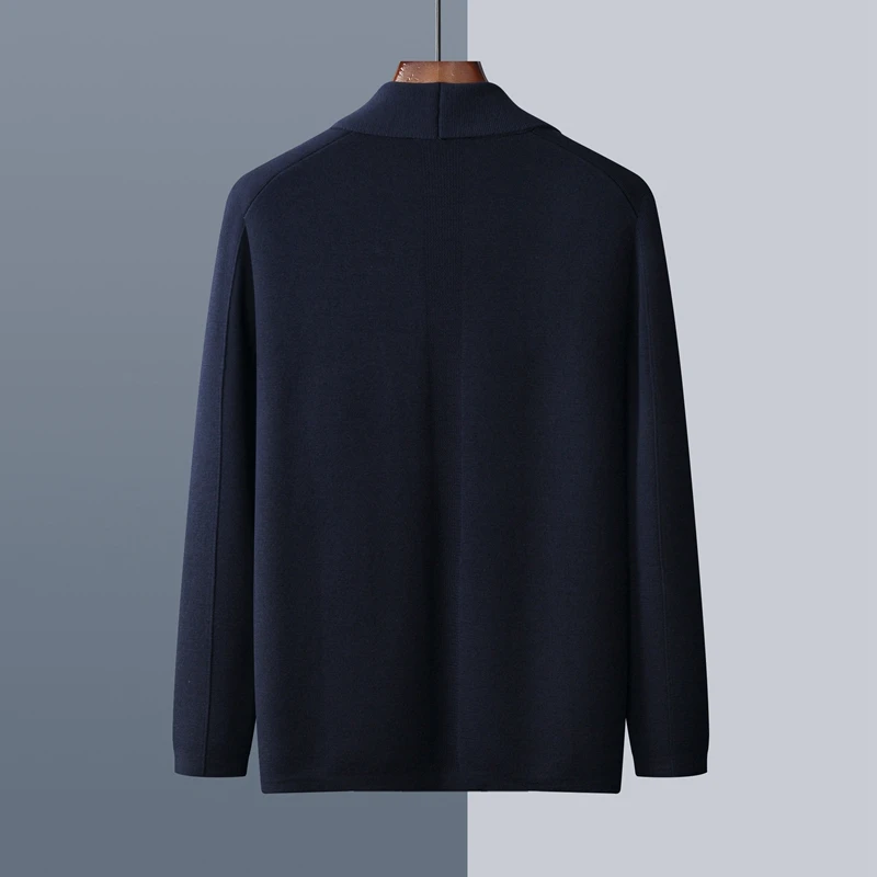Autumn and winter new men\'s olive collar solid color 100% pure wool long sleeve casual knitting sweater loose cashmere coat.