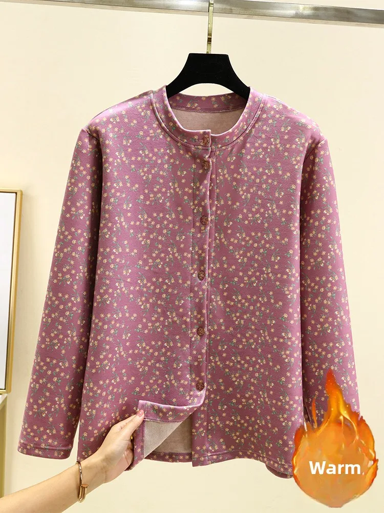 Floral Print Fleece Lined Single Button Cardigan Loose Fit Winter Sleepwear for Middle-Aged Women July Deer Brand