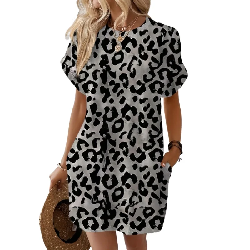 

Женское модное платье больших размеров с леопардовым принтом и короткими рукавами, женское повседневное короткое платье с круглым вырезом
