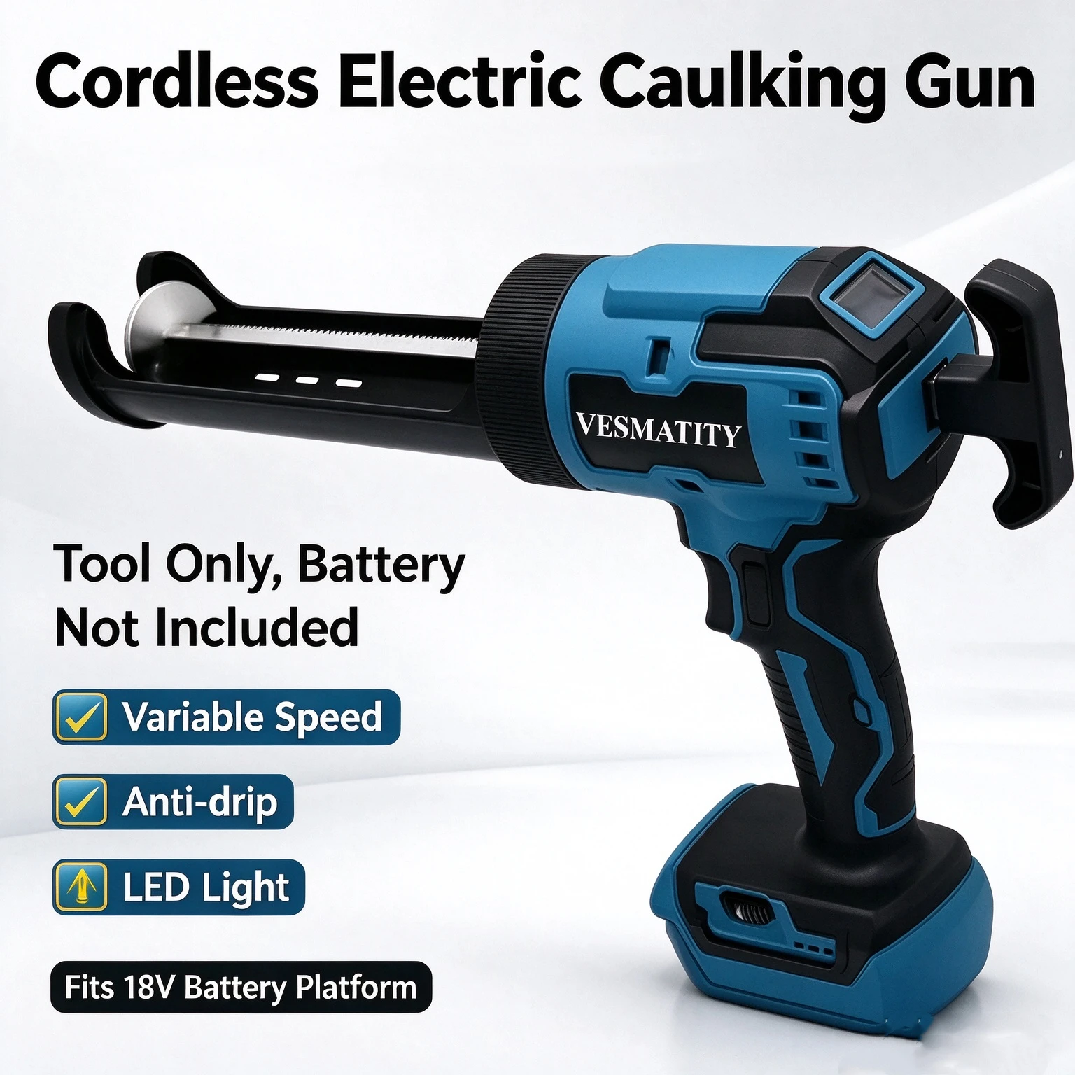 Wireless Electric Sealant Gun Glass Adhesive Filling Gun Anti-drip with LED Light, Fit 18V Battery, Tool Only Without Battery