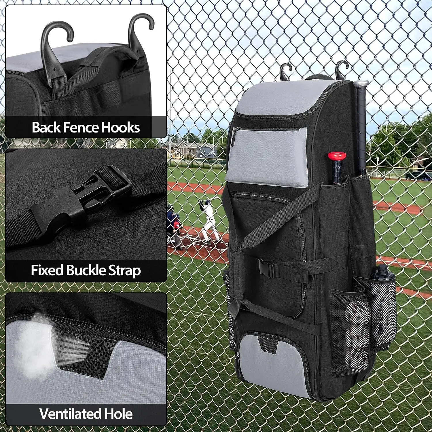 Rolling Baseball Bag Large Softball Catchers Gear Bag With Wheels Softball Equipment Bag Holds Four Bats Shoe Compartment Glove Pocket Baseball Catchers Bag With Hook view 4