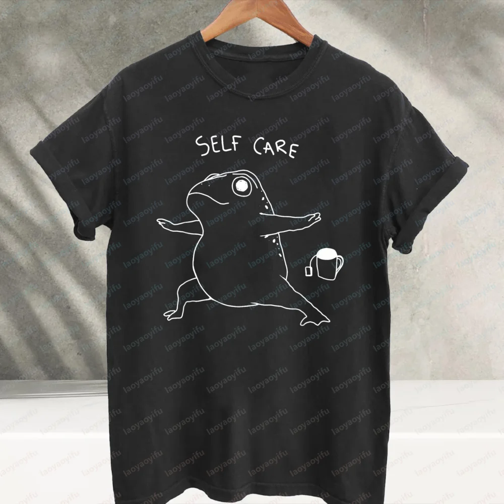 Self Care Yoga Frog Meme Graphic T‑Shirt Funny Mental Health Frog Doing Yoga with Tea Cup Print Cotton Casual Streetwear Tee Top