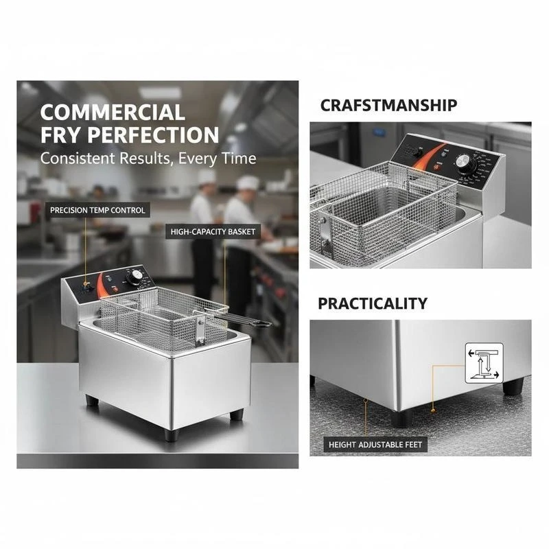 Tabletop Frying Machine 12Qt / 11.5L For Restaurant Home Kitchen Catering 1750W Single Basket Height-Adjustable Feet Temperature Control Overheat Protection Professional Culinary Equipment Food Preparation Tool Heavy Duty Construction 12.6 x 11 x 11. view 4