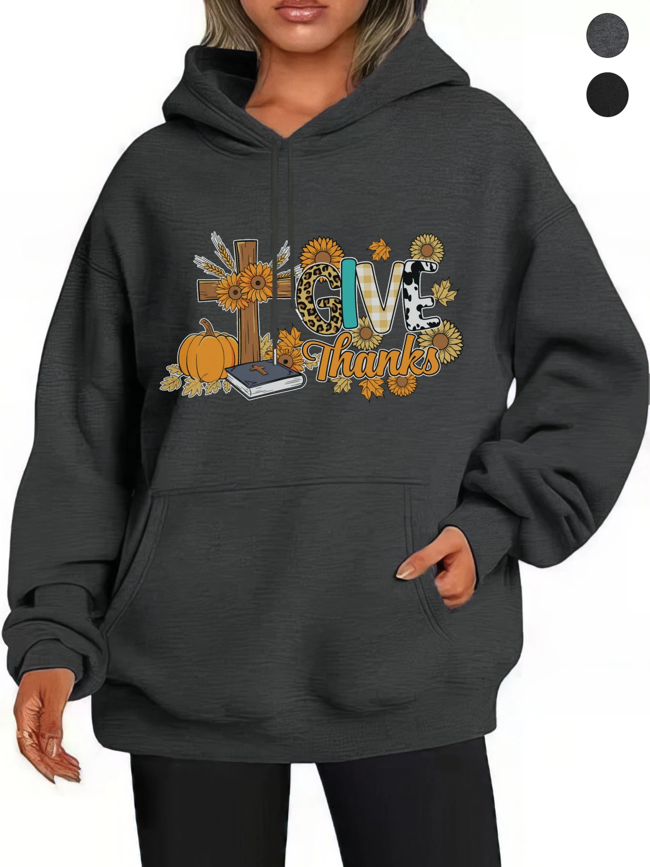 Thanksgiving Jesus Bundle Graphics Stylish Black Gray Hoodies Loose Fit Cotton for Women’s Fall/Winter Comfort Halloween Fun