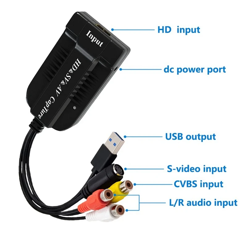 USB Video Capture Card VHS/HD/Hi8/DVD To Digital Converter HD/RCA/S-Video To USB2.0 Audio Video Record Capture Device