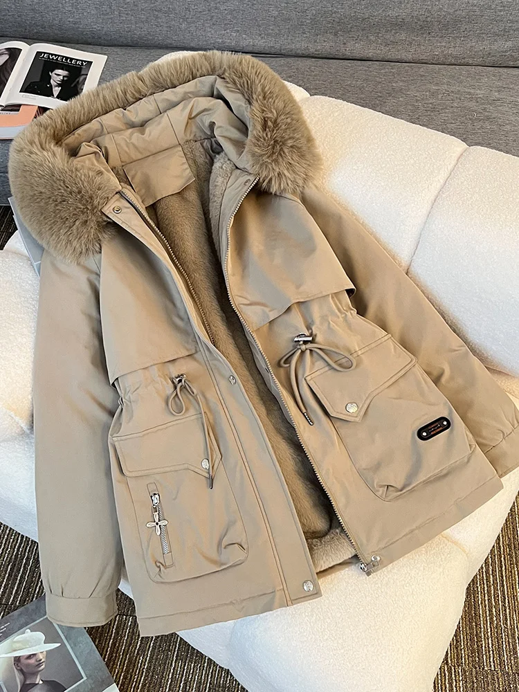 Women Fur Inside Mid-long Parkas 2024 Casual Warm Fur Collar Hooded Windproof Parkas Coat With Belt Female Outwear Winter Jacket