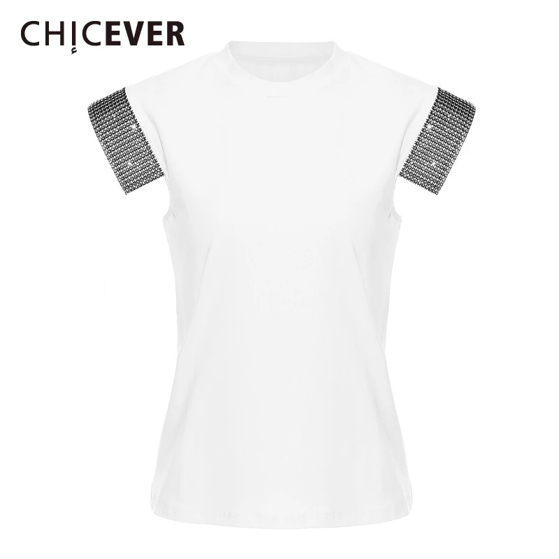 

CHICEVER White Color Chic T Shirts for Women O Neck Spliced Diamonds Slimming Cotton T Shirt Female Summer 2025 Style Clothing