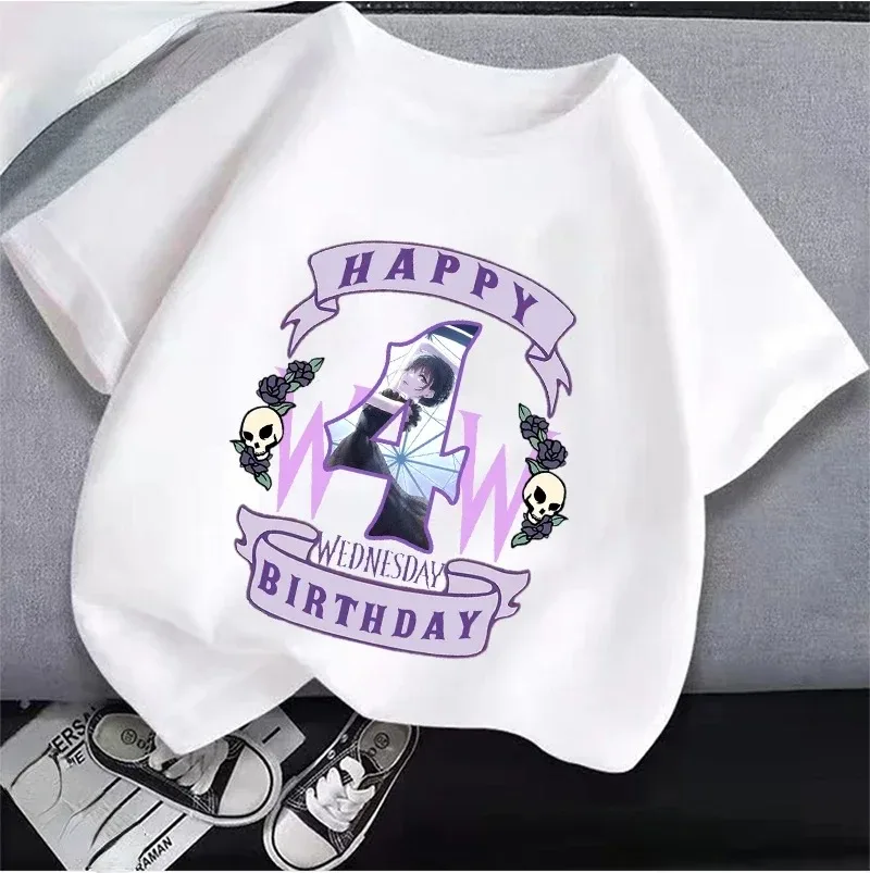 2024 Nuovo Mercoledì Adams Abbigliamento per bambini Anime Summer Girl Compleanno Numero T-shirt Cartoon Abbigliamento Top per bambini Regalo