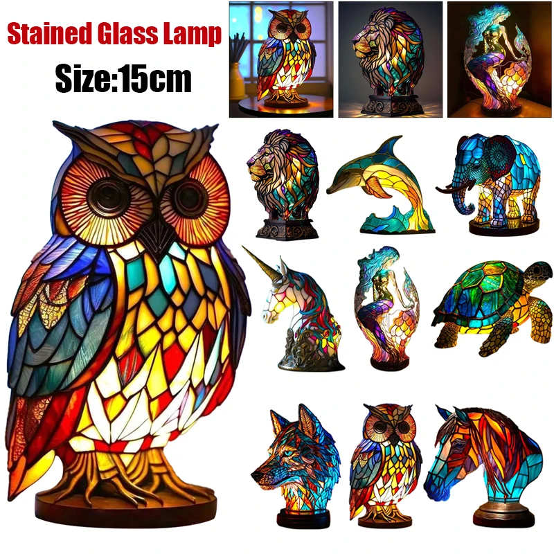 3D Animal Series Desk Lamp Decorative Night Stand Light Lamp Colorful Vintage Stained Glass Elephant Owl Cat Style Table Lamp