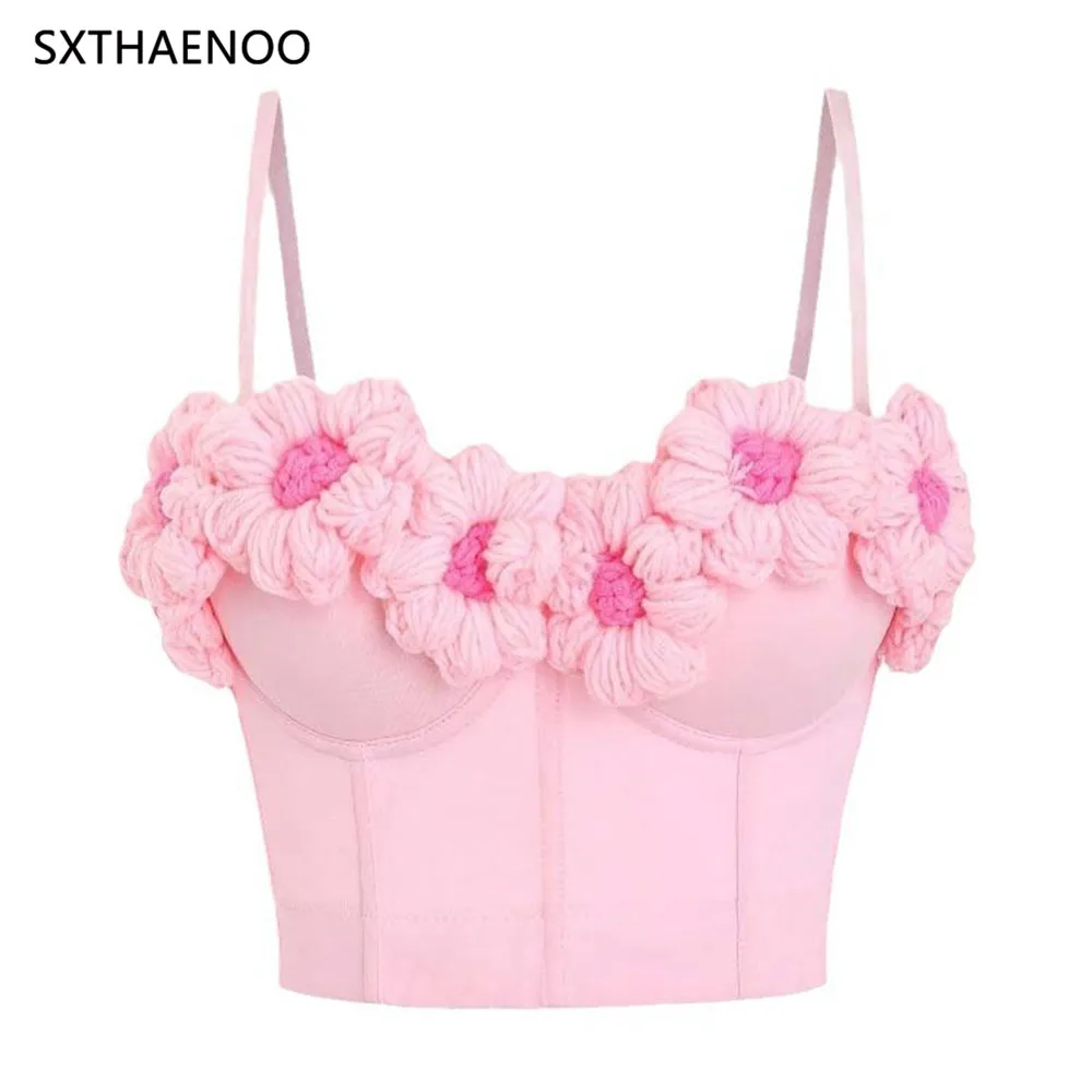 SXTHAENOO 섹시한 아플리케 꽃무늬 코르셋 여성용 Bachelorette Bustier Bra Cropped Top Party Bralette Knit Vest High Street