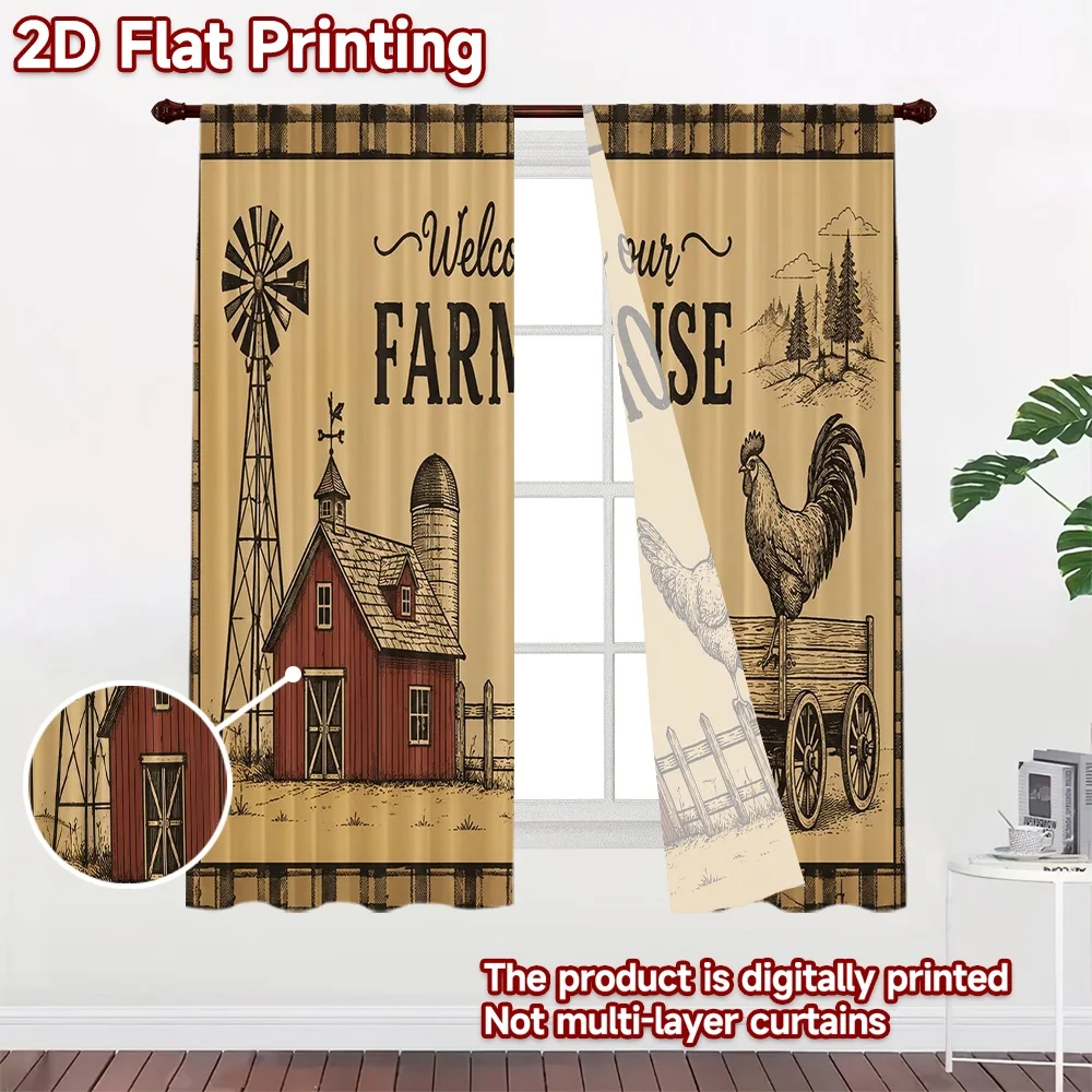 2D FLAT PRINTING 2pcs Curtains (Without Rod) Farmhouse Rustic Scene Modern Curtains Roller Blinds Versatile 100% Polyester