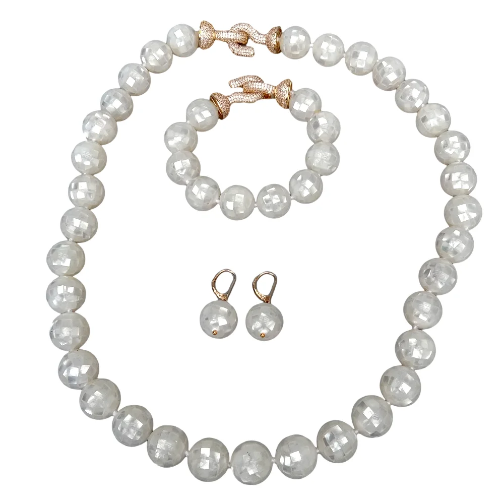 Real White Abalone Shell 16mm Round Faceted Long Necklace Bracelet Earrings Set Cubic Zirconia Pave Clasp