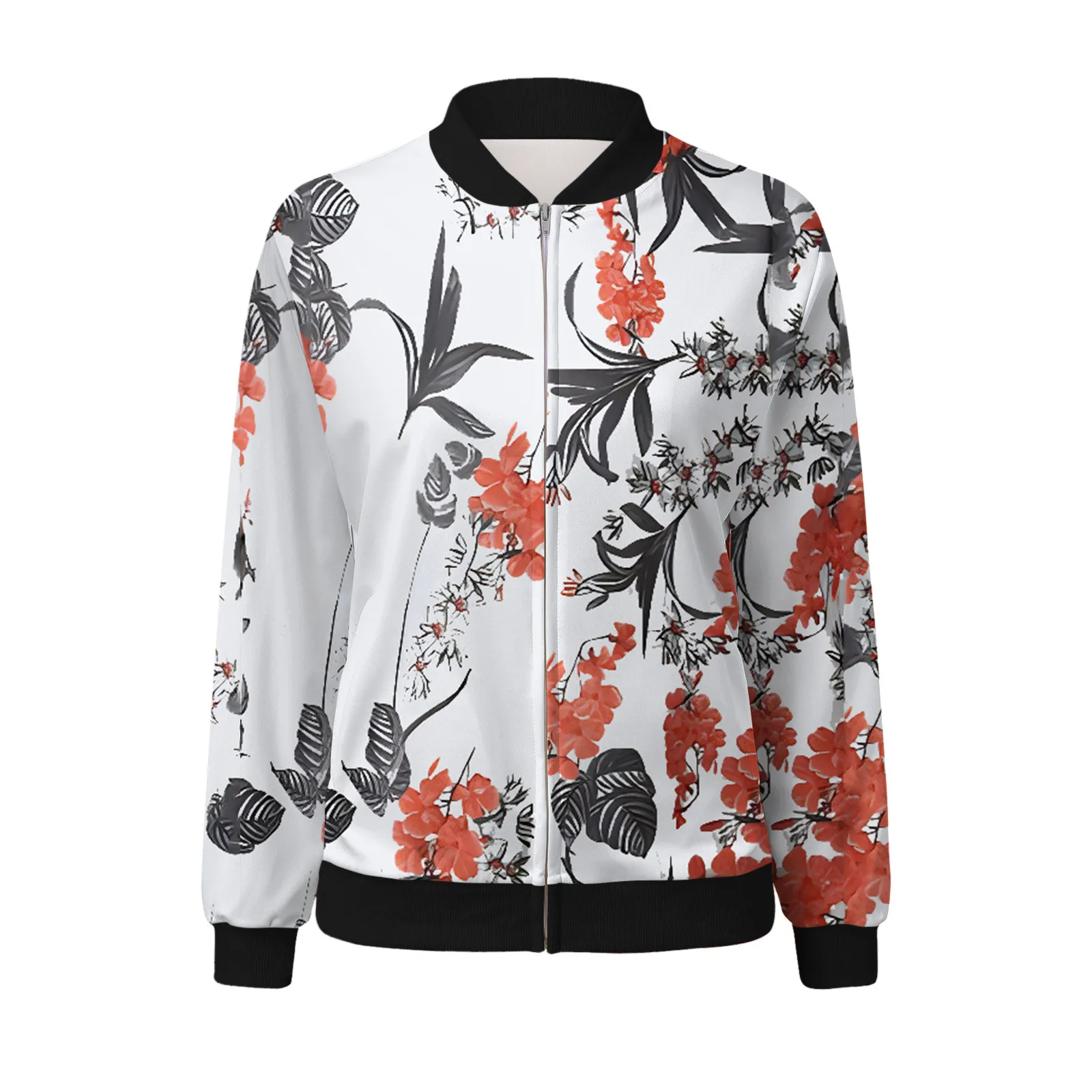 Vintage tägliche Grundlagen Sport Oberbekleidung weibliche Blumen druck Stehkragen Jacken leichte Reiß verschluss Freizeit jacke