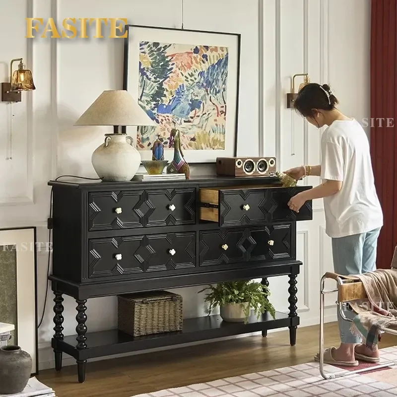 For French Black Solid Wood Porch Cabinet Retro Living Room Aisle Antique Chest Partition Screen Wall Storage Table