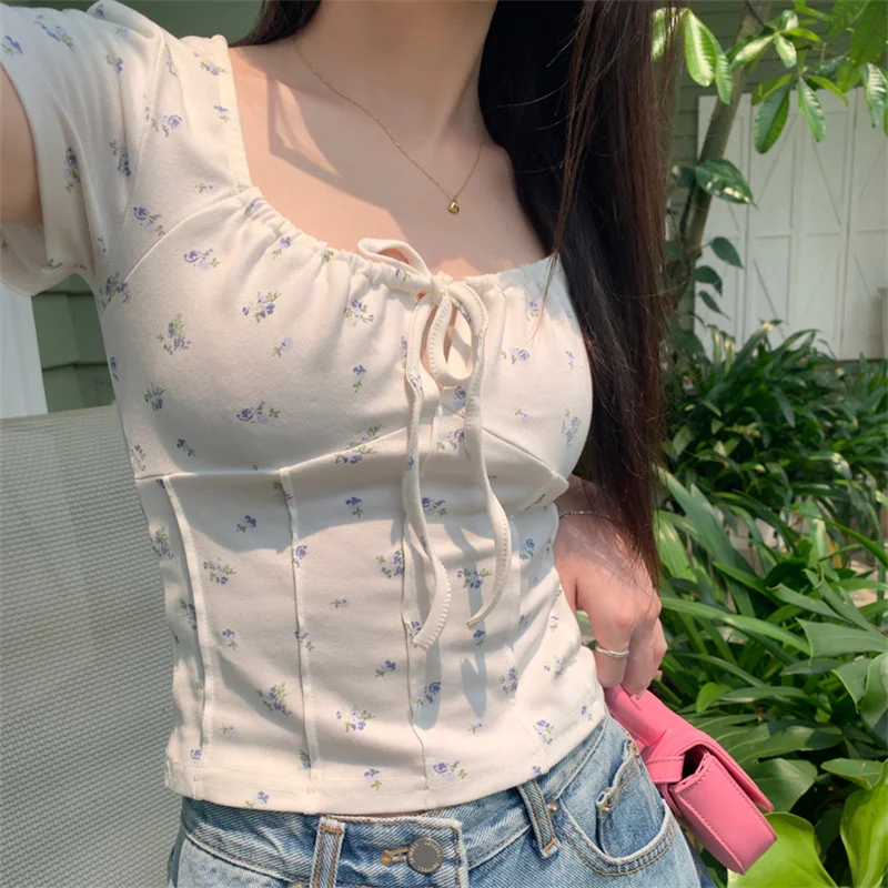 Summer Floral Square Collar Women T-Shirts French Simple Lace-Up Design Slim Tees 2024 New Girl Casual Short Sleeve Tops