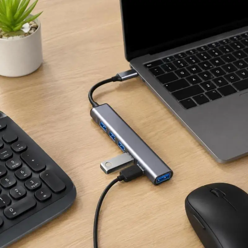 31BA 7-Port USB Expander with Gray Aluminum and ABS Housing Integrated Type C Cable for Compatible Desktop or Laptop Accessory