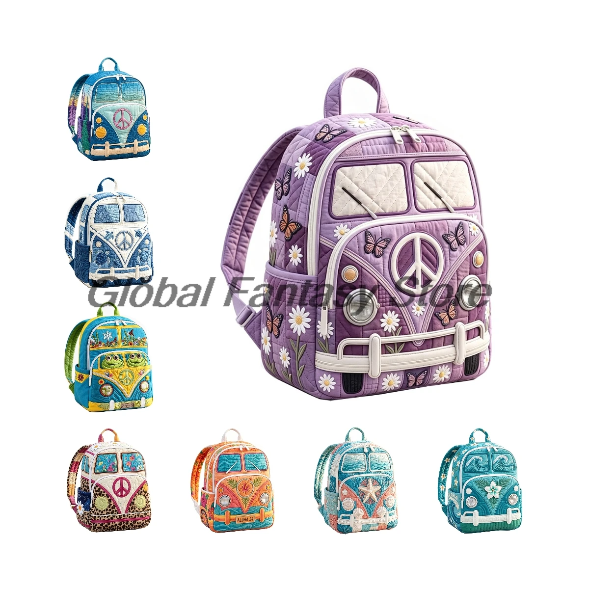 Image of Hippie Van Quilted Rucksack Peace Sign Vintage Print Daypack Reisetasche Damen Herren Outdoor Packsack
