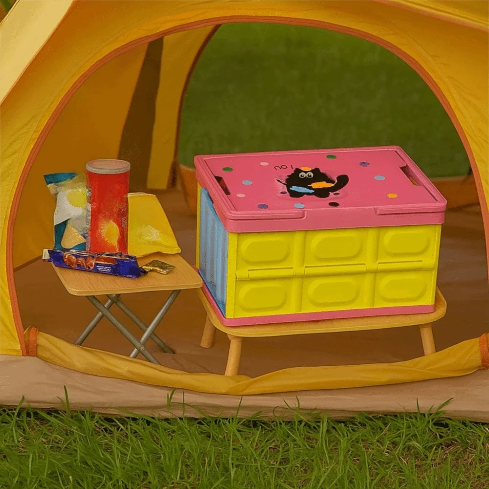

Cartoon Outdoor Camping Box Cat Pattern Space-Saving Stackable Crate Large-capacity with Handle Portable Storage Box RV Hiking