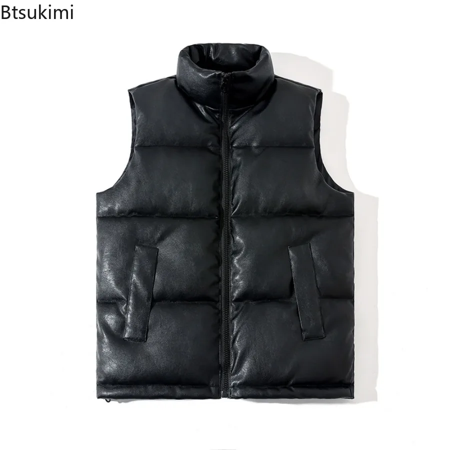 Men's Black Solid Color Casual Trendy Simple Basic Stand Collar Sleeveless PU Quilted Vests Male Winter Autumn New Fashion Coats