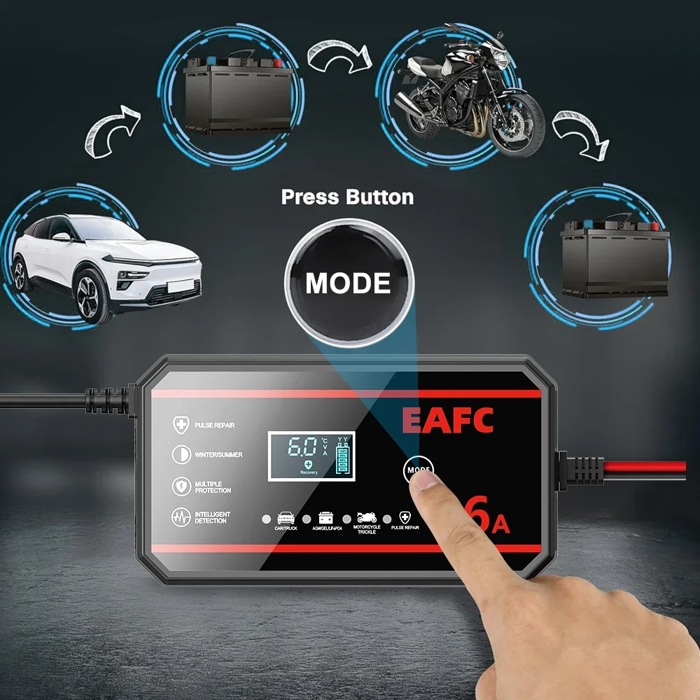 EAFC 6A /8A 12V Intelligentes Autobatterieladegerät Auto- und Motorradbatterieleinheit Blei-Säure-Batterie-Reparatur LCD-Display – Detail 2