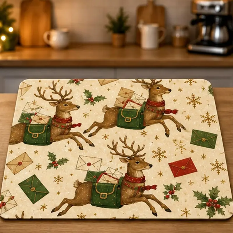 VIKAMA Vintage Christmas Tableware Drainer Mat, Absorbent, Quick-Drying, Non-Slip Coffee Maker Mat, Home Decor