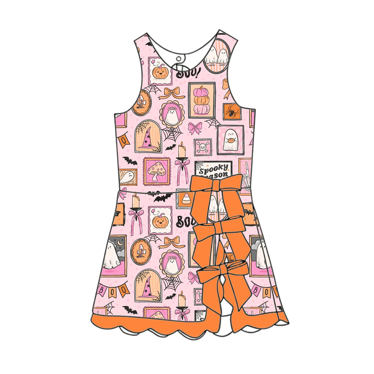 Kids Fall Casual Toddler Girls Halloween Dress Spooky Ghost Pumpkin Print Sleeveless Back Triple Bow Dress