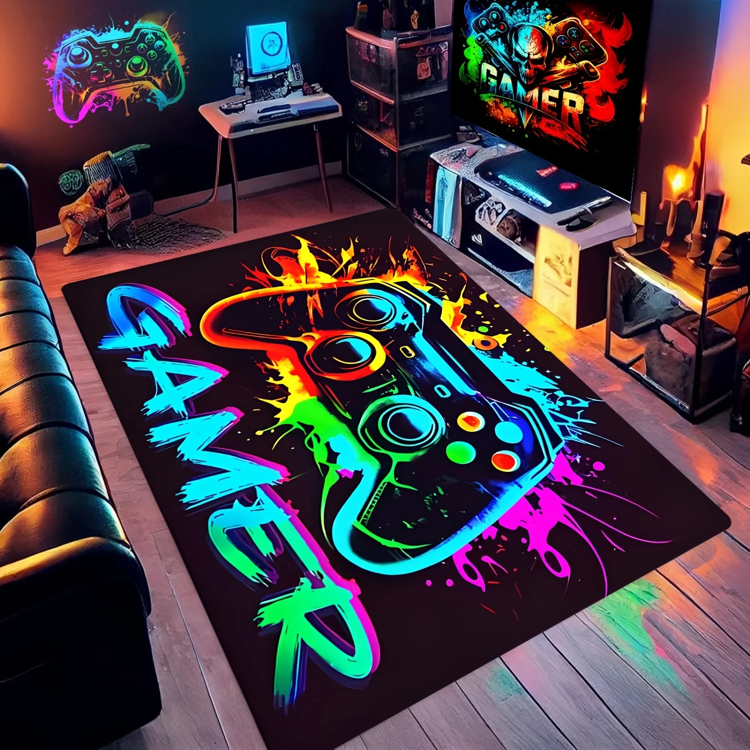 Capacho colorido com design de padrão de controlador de jogo, tapete antiderrapante para sala de estar, quarto, banheiro, decoração de casa de férias