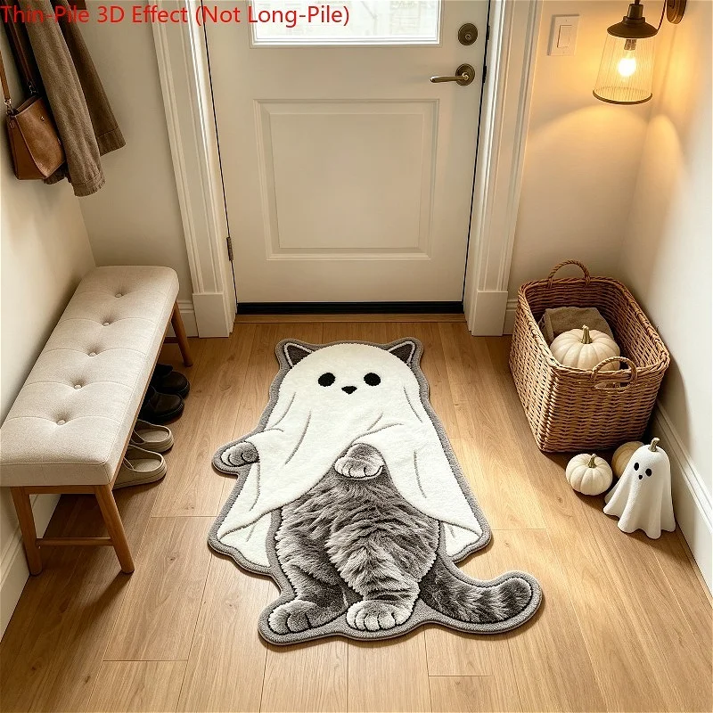 VIKAMA Halloween Ghost Cat Shaped Rug Cute Grey Kitten Irregular Doormat Non Slip Bedroom Bathroom Floor Mat Home Decor