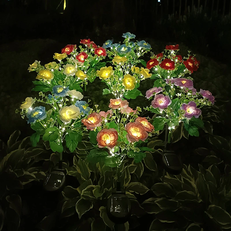 42LED Warm Light Solar Simulation Solid Color Camellia Flower Lantern Garden Courtyard Decoration Floor Insertion Lawn Light69cm