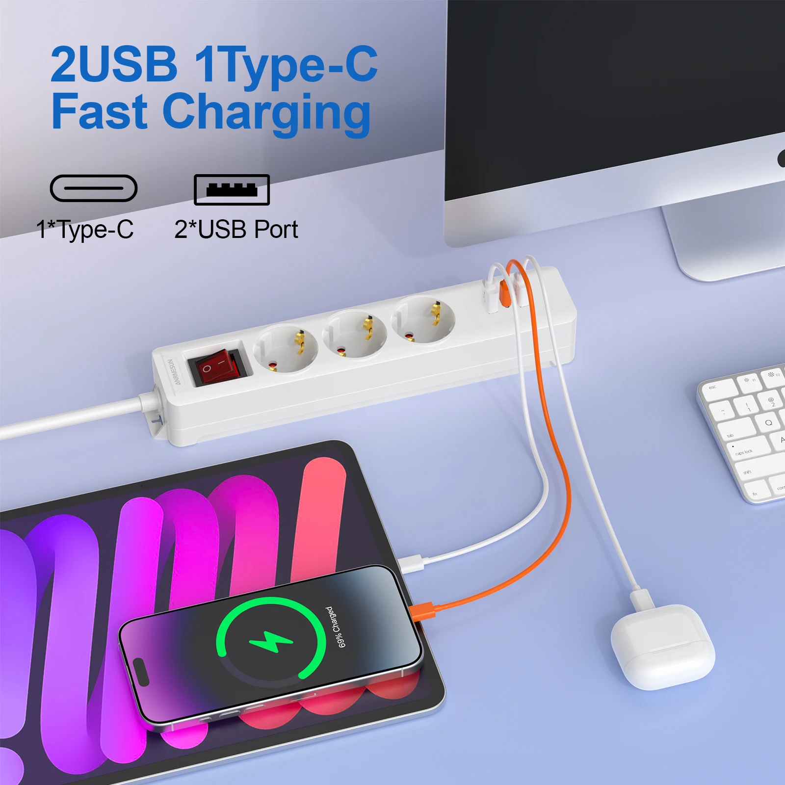 الاتحاد الأوروبي التوصيل قطاع الطاقة مآخذ منفذ متعددة 2 متر تمديد الحبل مقبس كهربائي مع 2 USB 1 منافذ Type-C 3 محول مأخذ التوصيل مع