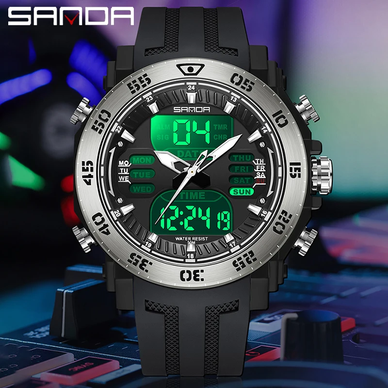 SANDA New Men\'s Watches 50M Waterproof Sports Electronic Quartz Wristwatch LED Dual Display Digital Men Clock Relogios Masculino